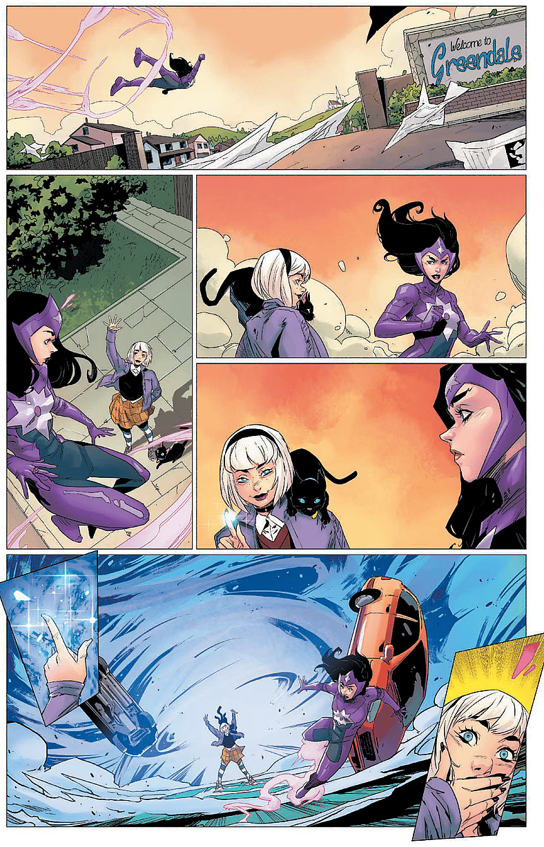 Star Sapphire makes a stop by Greendale in DC K.O.: Boss Battle Vol. 1 #1 (2026), DC. Words by Jeremy Adams, art by Ronan Cliquet, Carmine Di Gianddomenico, Kieran McKeown, and Pablo M. Collar, and Hi-Fi.