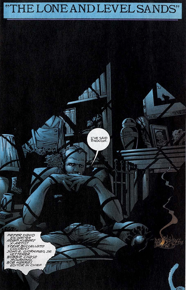 Rick Jones closes out Peter David's legendary run on the Jade Giant in Incredible Hulk Vol. 1 #467 "The Lone and Level Sands" (1998), Marvel Comics. Words by Peter David, art by Adam Kubert,.Steve Buccellato, and John Workman.