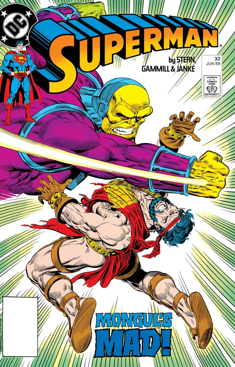 Superman is overwhelmed by Mongul's might in Superman Vol.2 #32 "Gladiator" (1989), DC Comics. Words by Roger Stern. Art by Kerry Gammill, Dennis Janke, and Glenn Whitmore.
