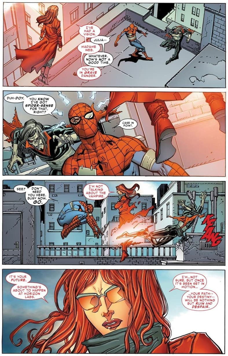 Julia Carpenter as Madame Web messages Peter Parker in Amazing Spider-Man Vol. 1 #690 (2012)