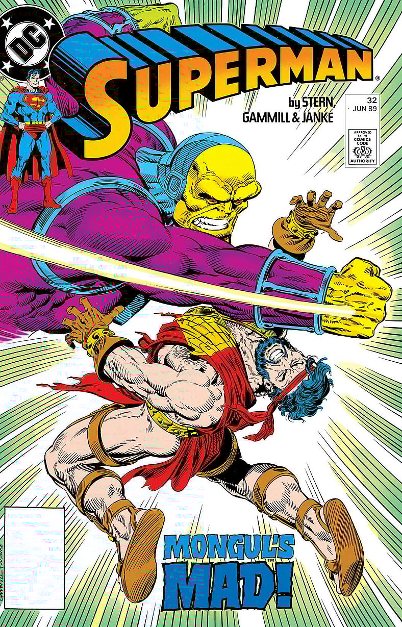 Superman is overwhelmed by Mongul's might in Superman Vol.2 #32 "Gladiator" (1989), DC Comics. Words by Roger Stern. Art by Kerry Gammill, Dennis Janke, and Glenn Whitmore.