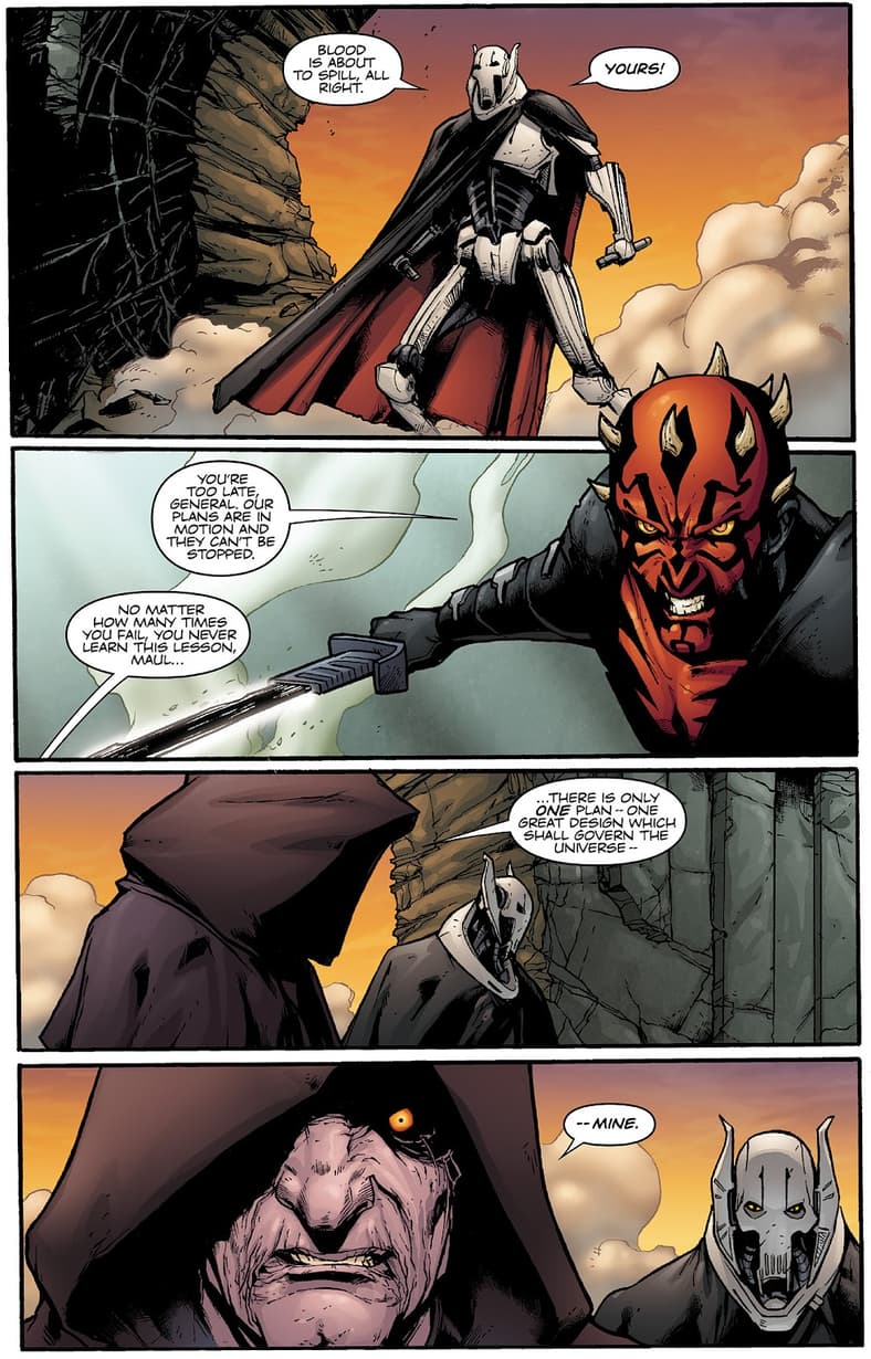 Darth Maul stands defiant against General Grievous and Darth Sidious in Star Wars: Darth Maul - Son of Dathomir (2014), Dark Horse Comics. Words by Jeremy Barlow, art by Juan Frigeri, Mauro Vargas, Michael Heisler, and Wes Dzioba.