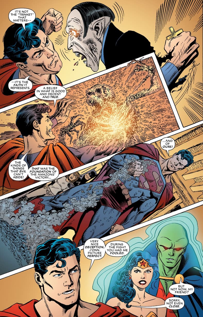 Superman drives a crucifix through Crucifer's heart in JLA Vol. 1 #99 "The Tenth Circle, Conclusion: Heartbreaker!" (2004), DC. Words by John Byrne and Chris Claremont, art by John Byrne, Jerry Ordway, David Baron, and Tom Orzechowski.