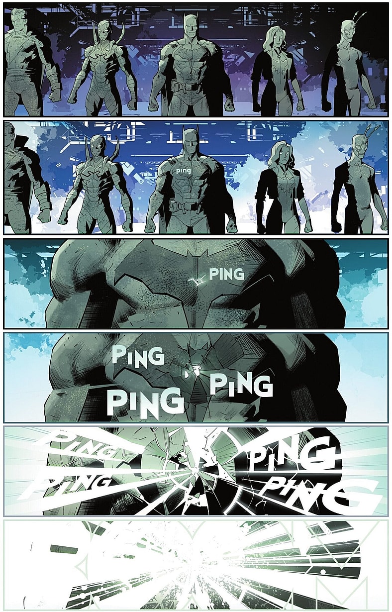 Batman's Mother Box pings to life in DC K.O.: Knightfight Vol. 1 #1 (2026), DC. Words by Joshua Williamson, art by Dan Mora, Triona Farrell, and Tom Napolitano.