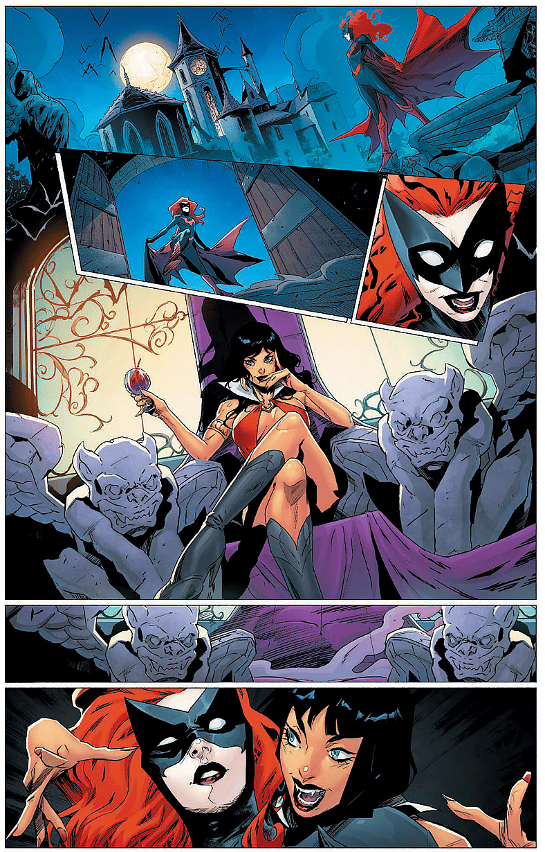 Batwoman finds herself the unexepected guest of Vampirella in DC K.O.: Boss Battle Vol. 1 #1 (2026), DC. Words by Jeremy Adams, art by Ronan Cliquet, Carmine Di Gianddomenico, Kieran McKeown, and Pablo M. Collar, and Hi-Fi.