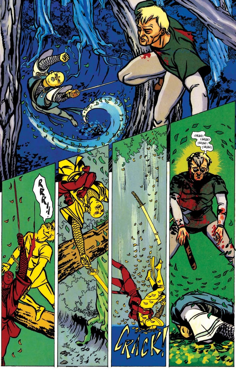 Petrus Christus delivers an Izuna Drop to Lotus in Grendel Tales: Devil's Hammer Vol. 1 #1 "Imitation of Life Part 1: Black Blood" (1994), Dark Horse Comics. Words by Rob Walton, art by Rob Walton, Bernie Mireault, Kathryn Delaney, and Richard Starkings.