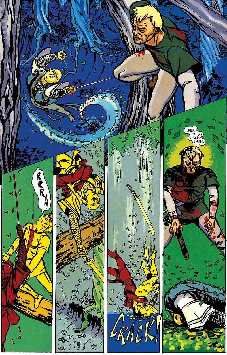 Petrus Christus delivers an Izuna Drop to Lotus in Grendel Tales: Devil's Hammer Vol. 1 #1 "Imitation of Life Part 1: Black Blood" (1994), Dark Horse Comics. Words by Rob Walton, art by Rob Walton, Bernie Mireault, Kathryn Delaney, and Richard Starkings.