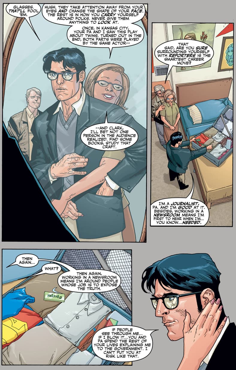 Clark Kent reinvents himself in Superman: Birthright Vol. 1 #3 "A Legacy Reborn" (2003), DC. Words by Mark Waid, art by Lenil Francis Yu, Gerry Alanguilan, and Dave McCaig.