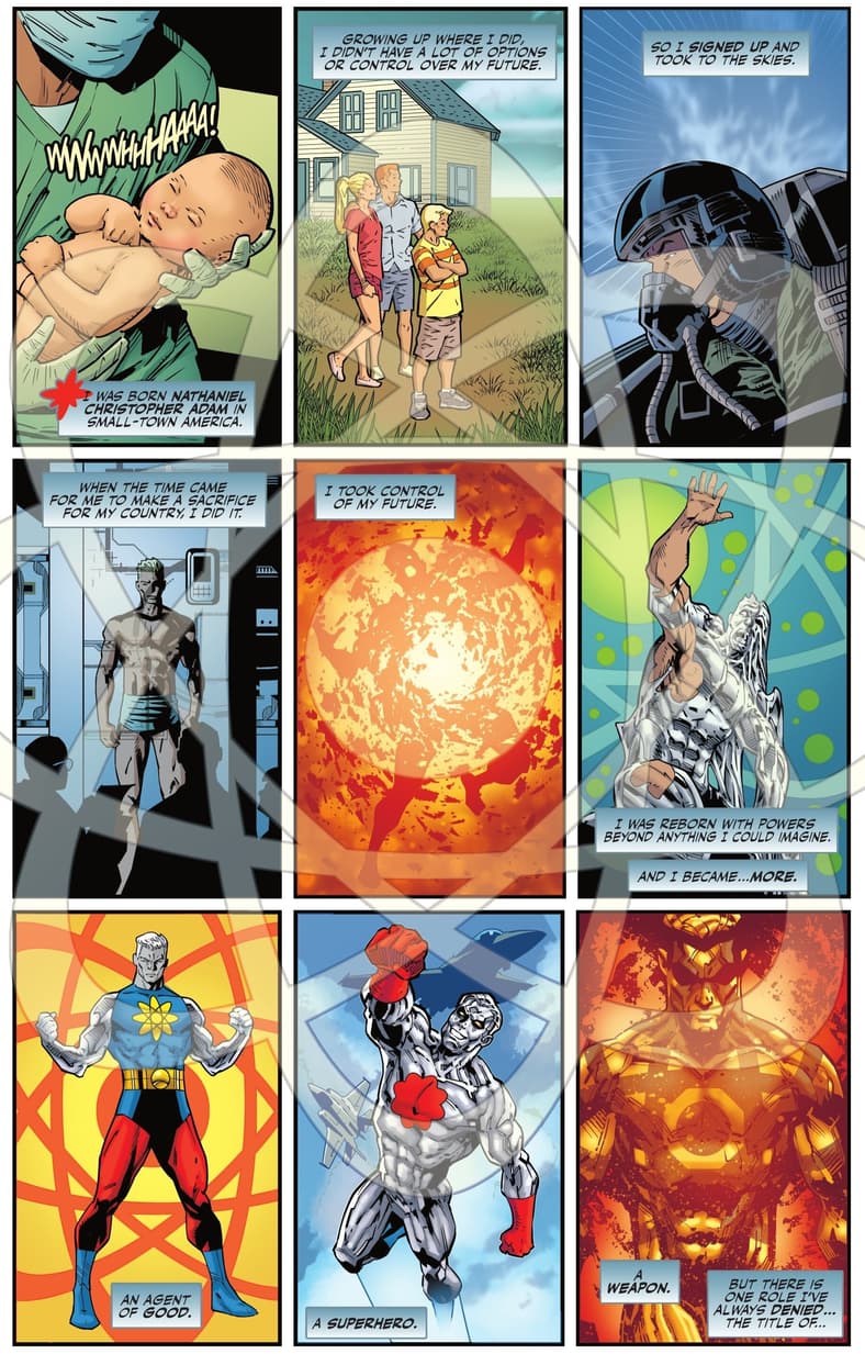 Captain Atom recounts his history in DC K.O.: Superman vs. Captain Atom Vol. 1 #1 (2025), DC. Words by Joshua Williamson, art by Sean Ikaakse, Patricia Mulvihill, and Dave Sharpe.