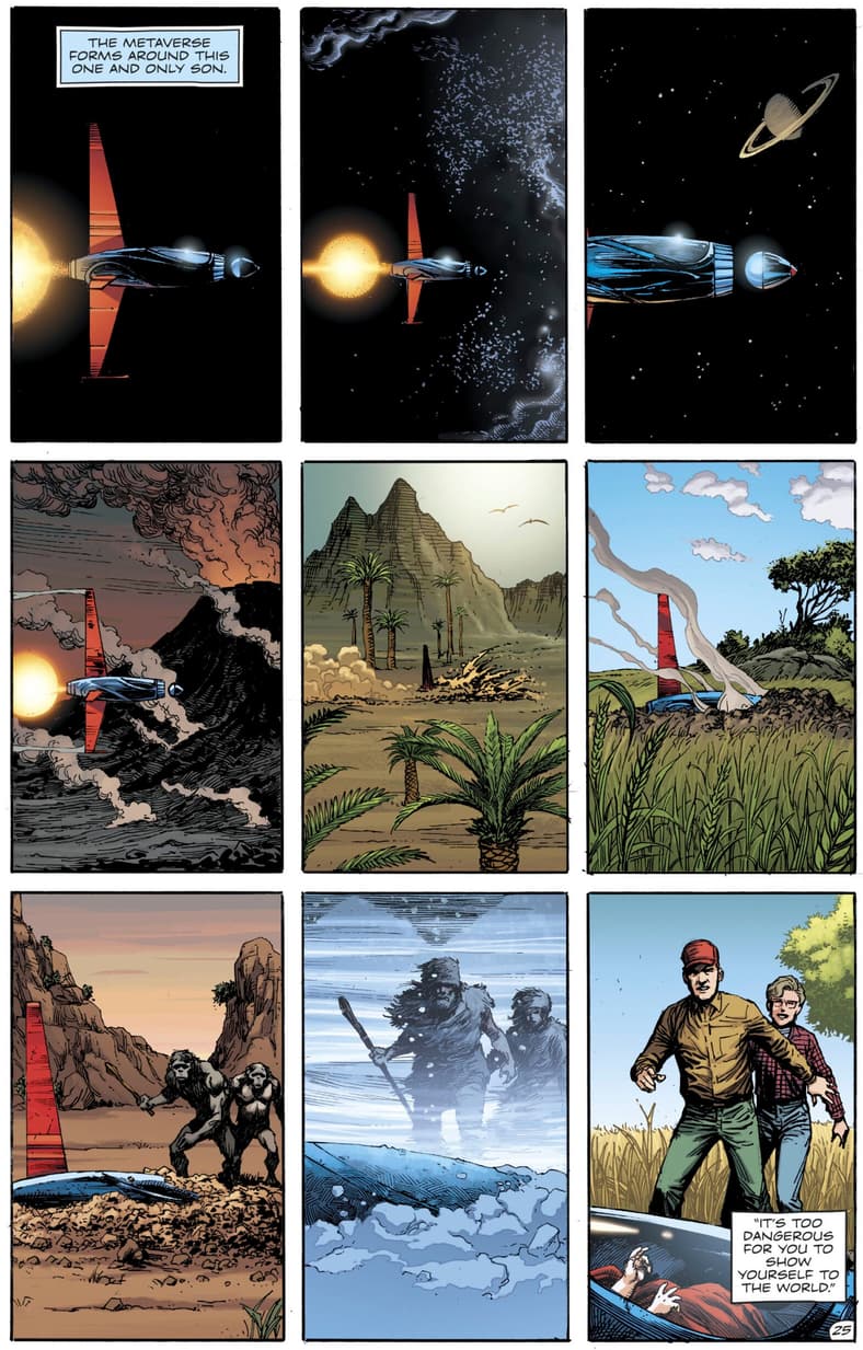 The Metaverse forms around Superman in Doomsday Clock Vol. 1 #12 "Discouraged of Man" (2018), DC. Words by Geoff Johns, art by Gary Frank, Brad Anderson, and Rob Leigh.