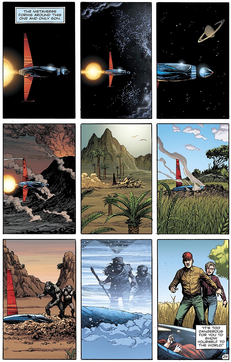 The Metaverse forms around Superman in Doomsday Clock Vol. 1 #12 "Discouraged of Man" (2018), DC. Words by Geoff Johns, art by Gary Frank, Brad Anderson, and Rob Leigh.