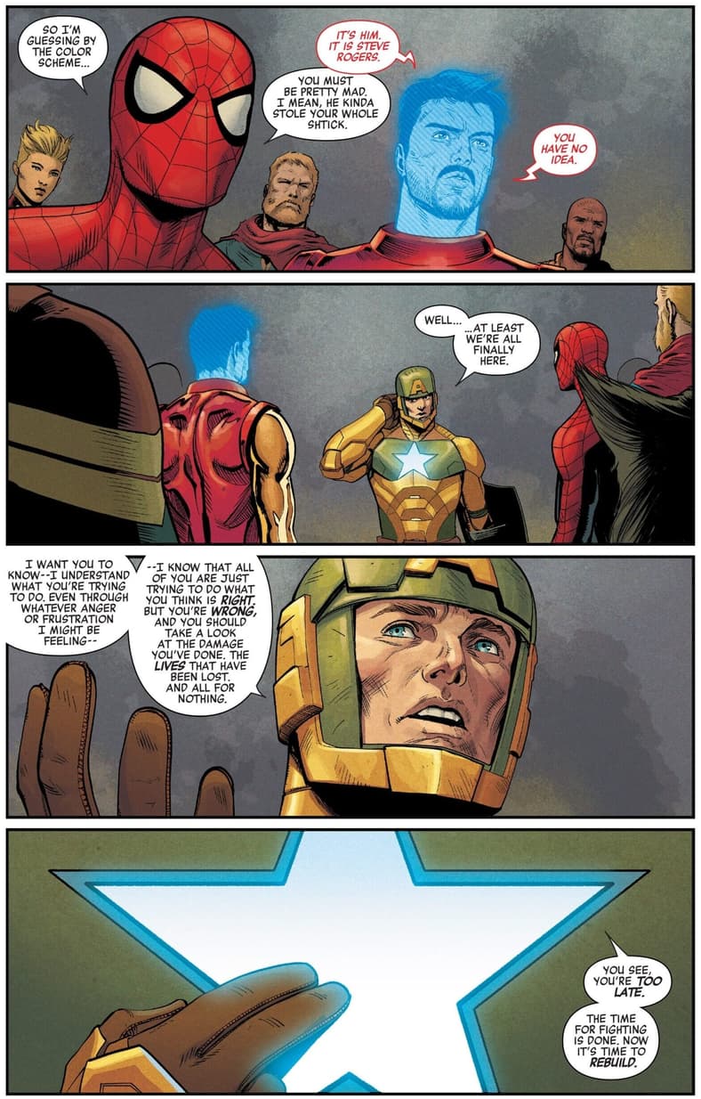 Hydra Cap attempts to negotiate a peaceful surrender from the Avengers in Secret Empire Vol. 1 #10 (2017), Marvel Comics. Words by Nick Spencer, art by Steve McNiven, Jay Leisten, Matthew Wilson, and Travis Lanham.