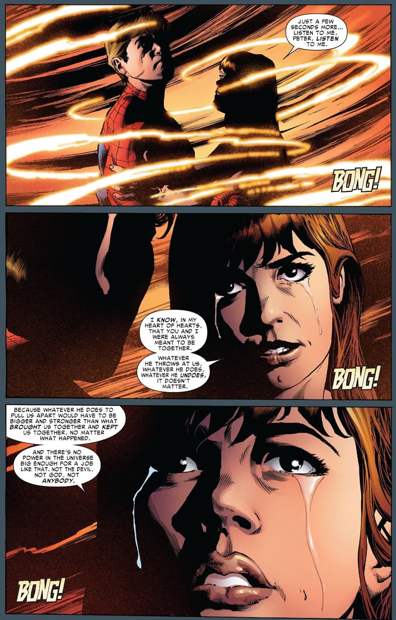 Mary-Jane gives Peter Parker the courage to face the devil in The Amazing Spider-Man Vol. 1 #545 "One More Day Part Four" (2007), Marvel Comics. Words by Joe Quesada and J. Michael Straczynski, art by Joe Quesada, Danny Miki, Richard Isanove, and Dean White.