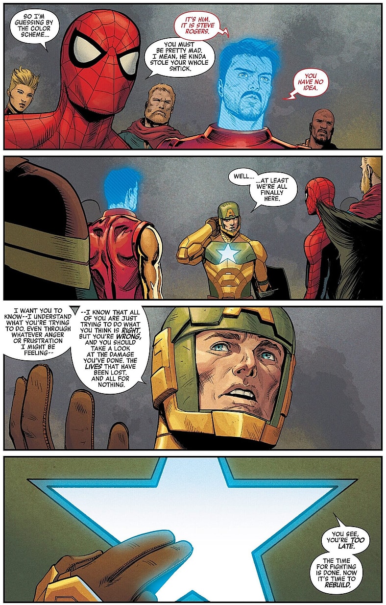 Hydra Cap attempts to negotiate a peaceful surrender from the Avengers in Secret Empire Vol. 1 #10 (2017), Marvel Comics. Words by Nick Spencer, art by Steve McNiven, Jay Leisten, Matthew Wilson, and Travis Lanham.