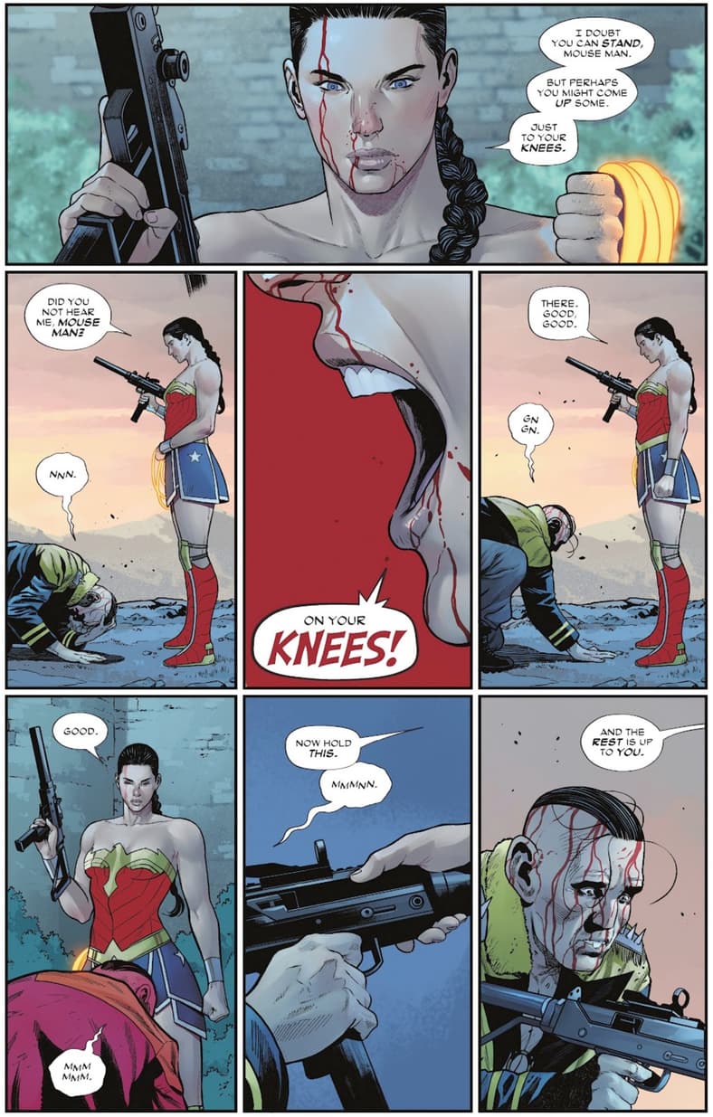 Diana attempts to goad Mouse Man into giving her a justifiable excuse to murder him in Wonder Woman Vol. 6 #27 "The Island of Mice and Men, Part Five" (2025), DC. Words by Tom King, art by Daniel Sampere, Tomeu Morey, and Clayton Cowles.