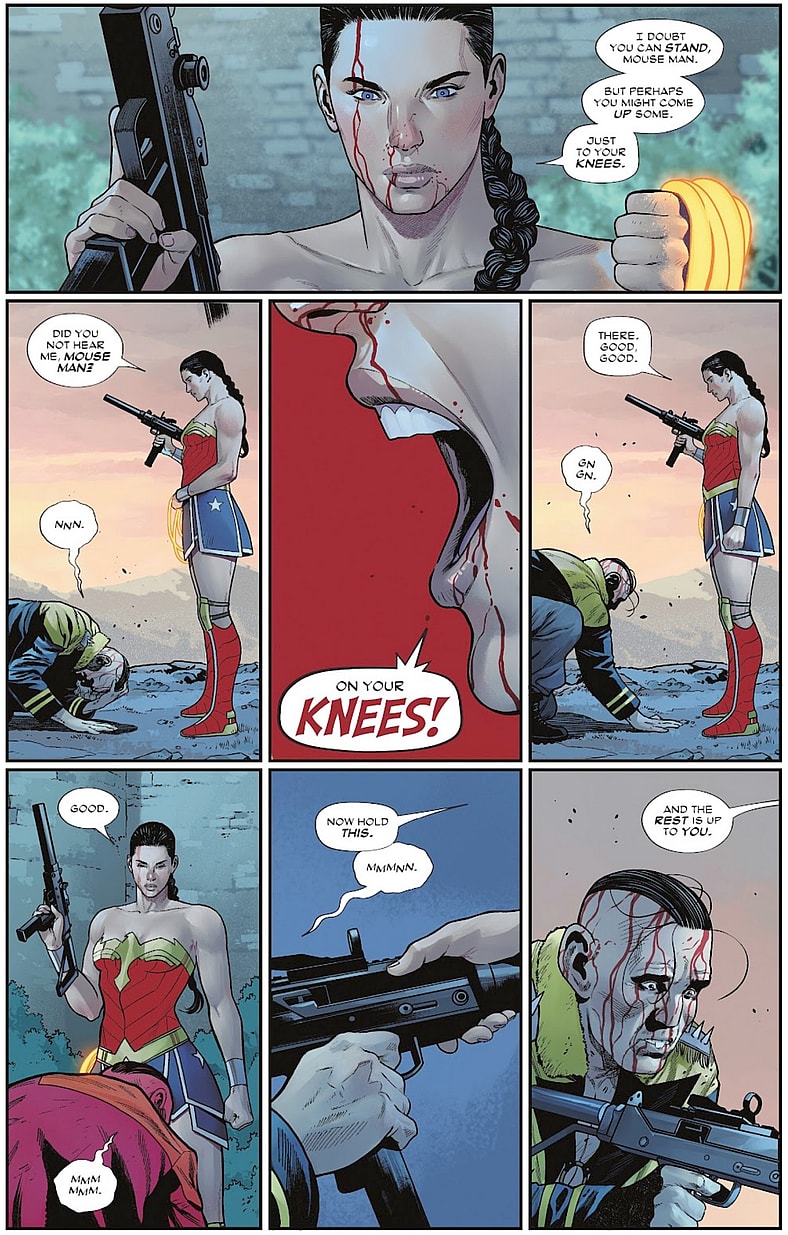 Diana attempts to goad Mouse Man into giving her a justifiable excuse to murder him in Wonder Woman Vol. 6 #27 "The Island of Mice and Men, Part Five" (2025), DC. Words by Tom King, art by Daniel Sampere, Tomeu Morey, and Clayton Cowles.
