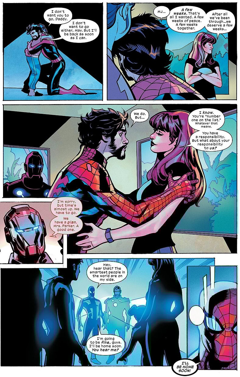 Spider-Man throws up the biggest death flag in the history of comics in Ultimate Endgame Vol. 1 #1 (2025), Marvel Comics. Words by Deniz Camp, art by Jonas Scharf, Terry Dodson, Federico Blee, Edgar Delgado, and Cory Petit.