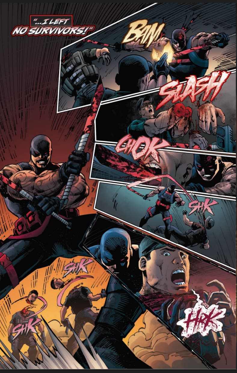 Subject Zero leaves no survivors, and no limbs attached in Beer and Bullets volume 1 issue #1 (2026). Words by Malcolm McFadden, Paige Alfred, and Tony Kittrell. Art by Serj D'lima. Six Fifteen Comics.