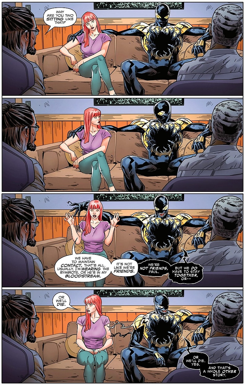 MJ explains the nature of her connection to the titular symbiote in All-New Venom Vol. 1 #6 (2025), Marvel Comics. Words by Al Ewing, art by Carlos Gómez, Frank D'armata, and Clayton Cowles.