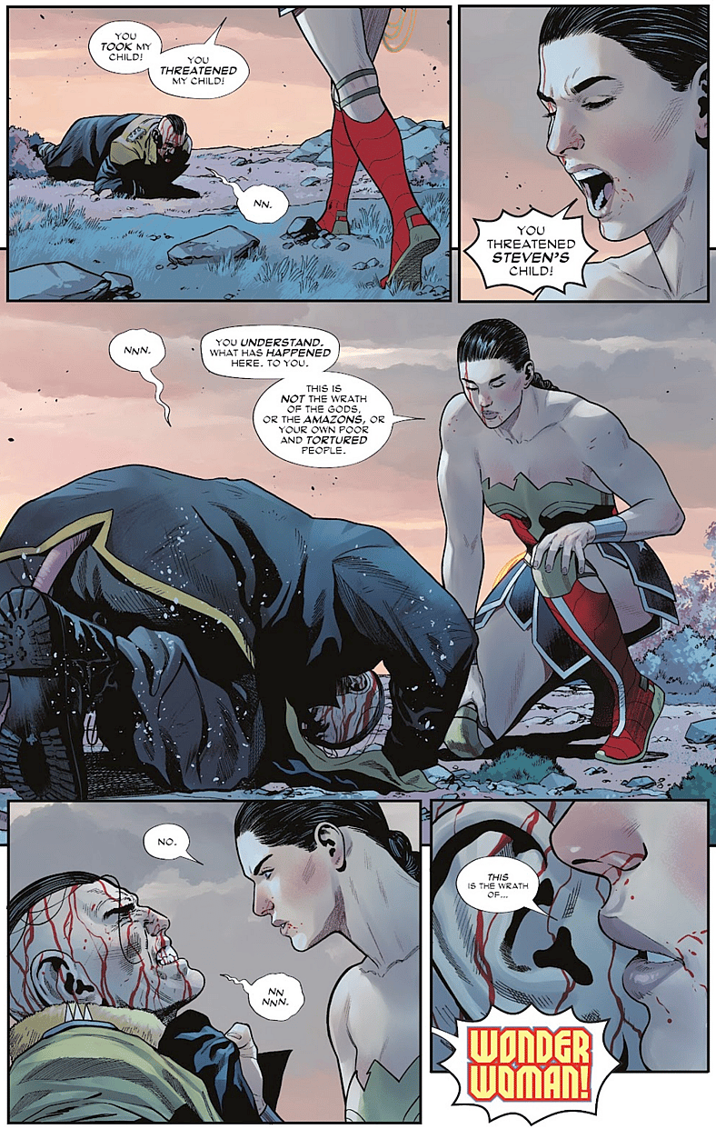 Diana abandons her non-lethal ways in Wonder Woman Vol. 6 #27 "The Island of Mice and Men, Part Five" (2025), DC. Words by Tom King, art by Daniel Sampere, Tomeu Morey, and Clayton Cowles.