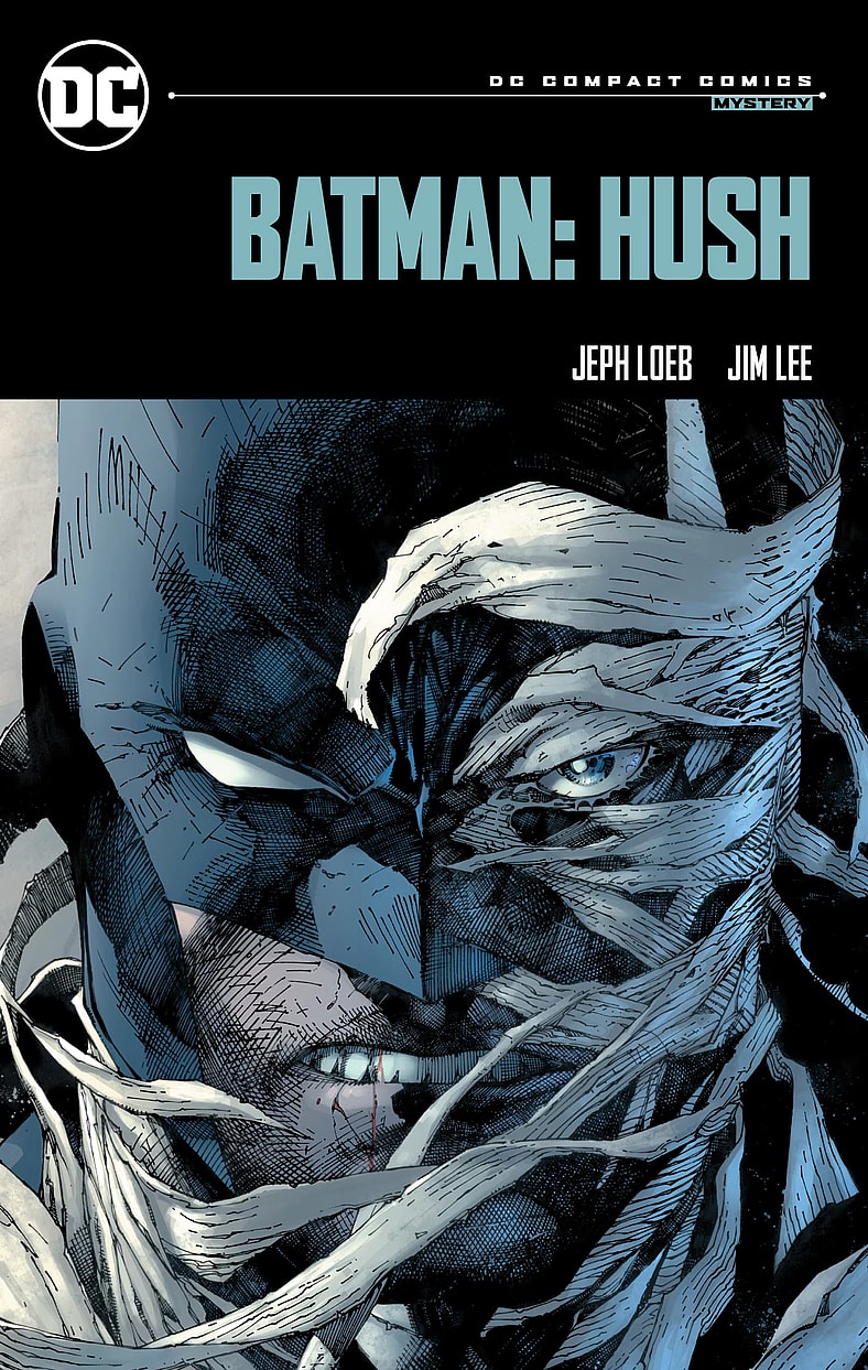 Split faces of Batman and Hush side by side on Jim Lee, Scott Williams and Alex Sinclair's Cover to Batman: Hush: DC Compact Comics Edition (2024), DC Comics