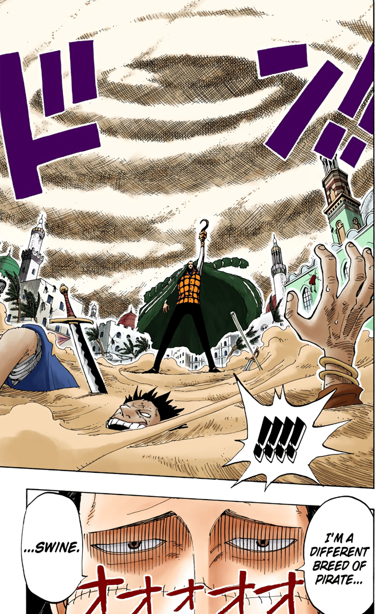 Crocodile kills off a crowd of Alabasta citizens for nothing more than a show of power in One Piece Ch. 155 "Pirate Sir Crocodile" (2000), Shueisha. Words and art by Eiichiro Oda.