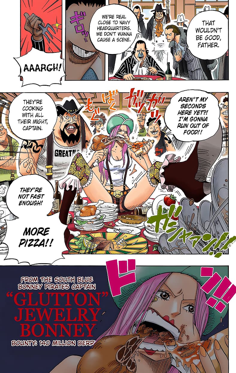 Jewelry Bonney makes her debut on the Sabody Archipelago in One Piece Chapter 489 "The Eleven