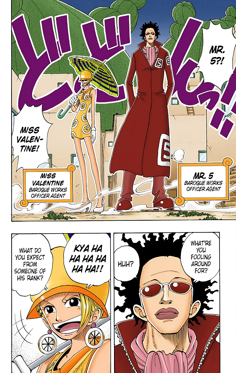 Miss Valentine and Mr. 5 confront the Straw Hats in One Piece Chapter 110, Shueisha