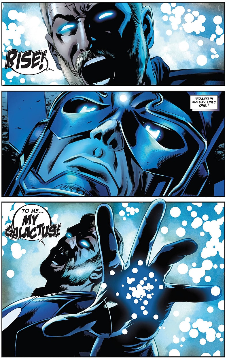 Franklin Richards summons Galactus as his herald in Fantastic Four Vol. 1 #604 "Forever: Part 5" (2012), Marvel Comics. Words by Jonathan Hickman, art by Steve Epting, Rick Magyar, Paul Mounts, and Claytown Cowles.