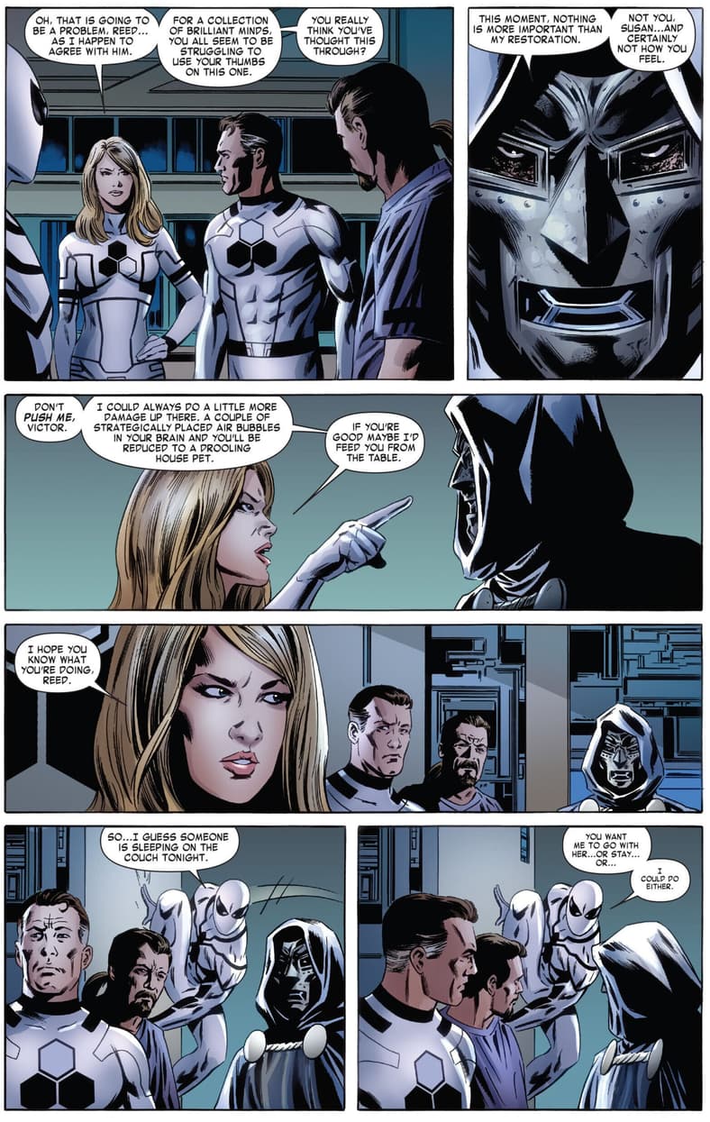 The Future Foundation reluctantly accepts Doctor Doom as a member in FF Vol. 1 #1 (2010), Marvel Comics. Words by Jonathan Hickman, art by Steve Epting. Rick Magyar, Paul Mounts, and Rus Wooton.