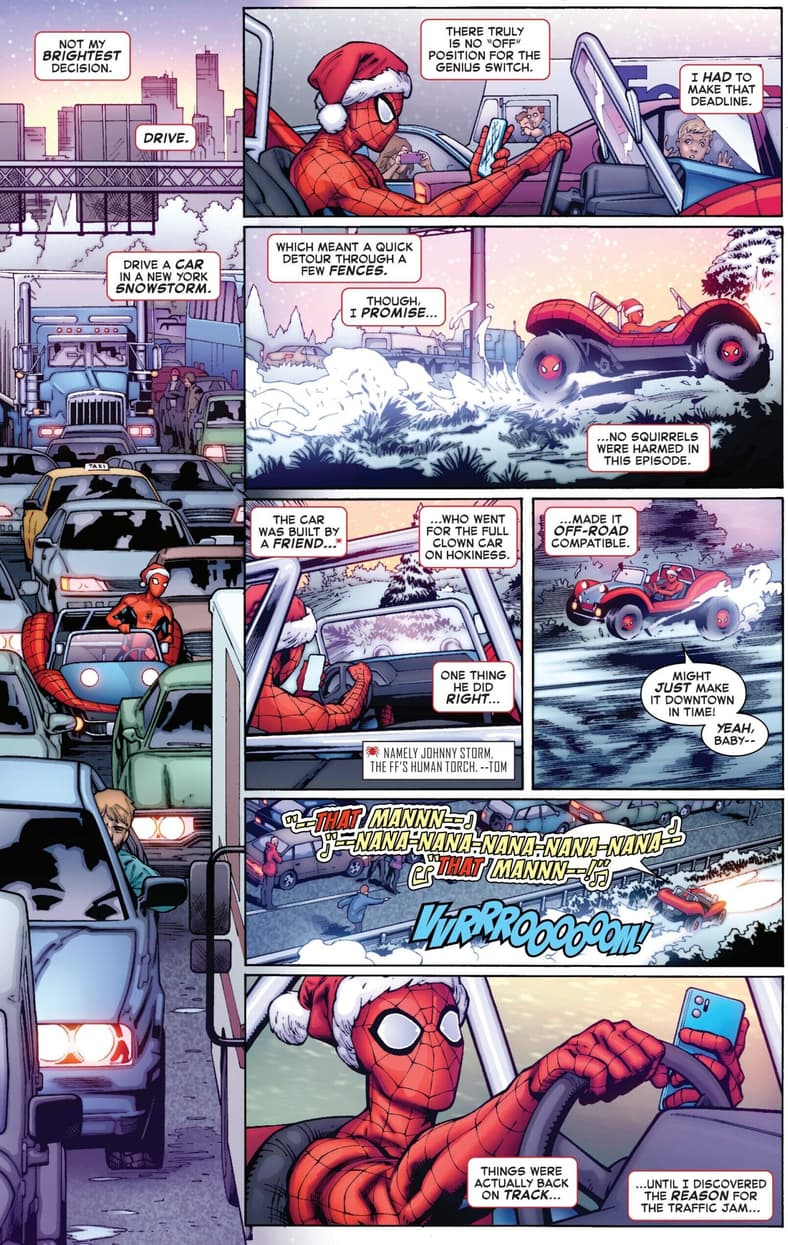 Spider-Man attempts to avoid rush hour traffic in the Marvel 85th Anniversary Special Vol. 1 #1 (2024), Marvel Comics. Words by Christopher Priest, art by Carlo Pagulayan, Jason Paz, Morry Hollowell, and Joe Caramagna.