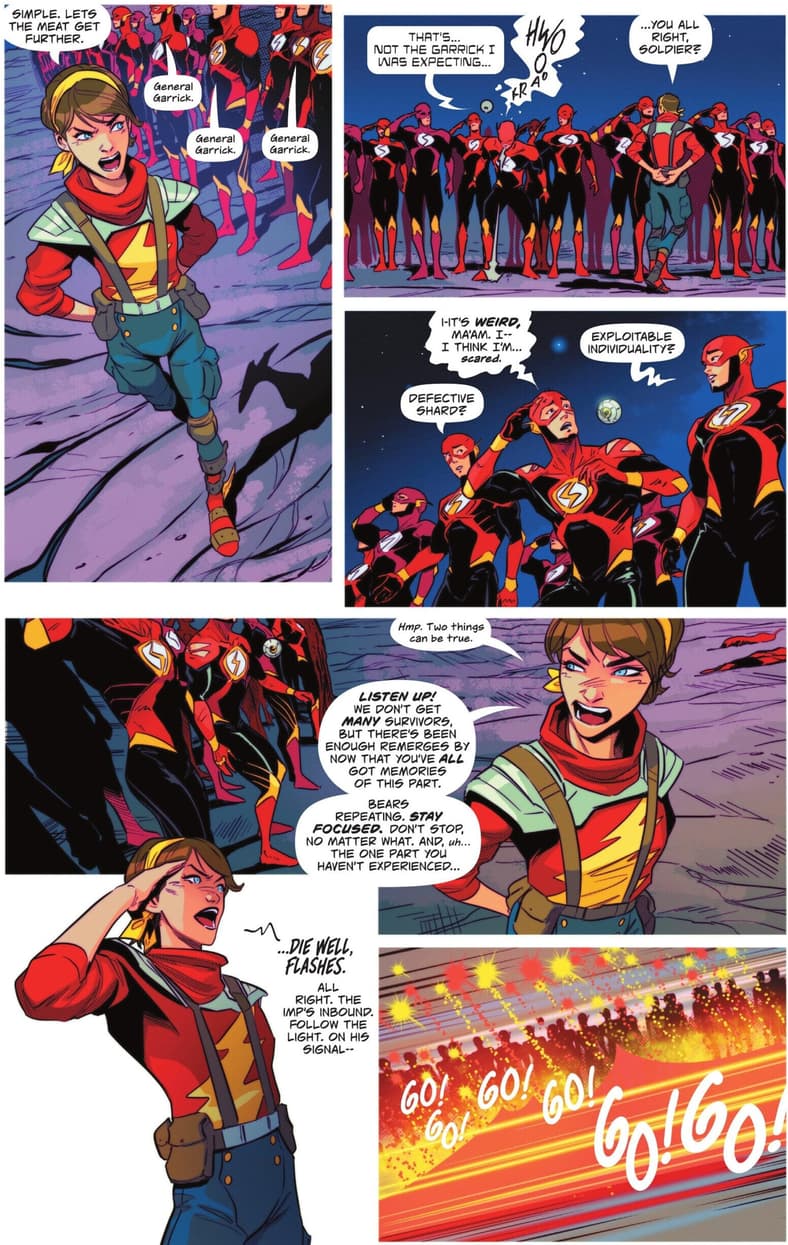 General Judy Garrick rallies the Flash Army against the Heliophage in The Flash Vol. 6 #20 "Bad Moon Rising, Part One" (2025), DC. Words by Si Spurrier, art by Vasco Georgiev, Matt Herms, and Hassan-Otsmane-Elhaou.