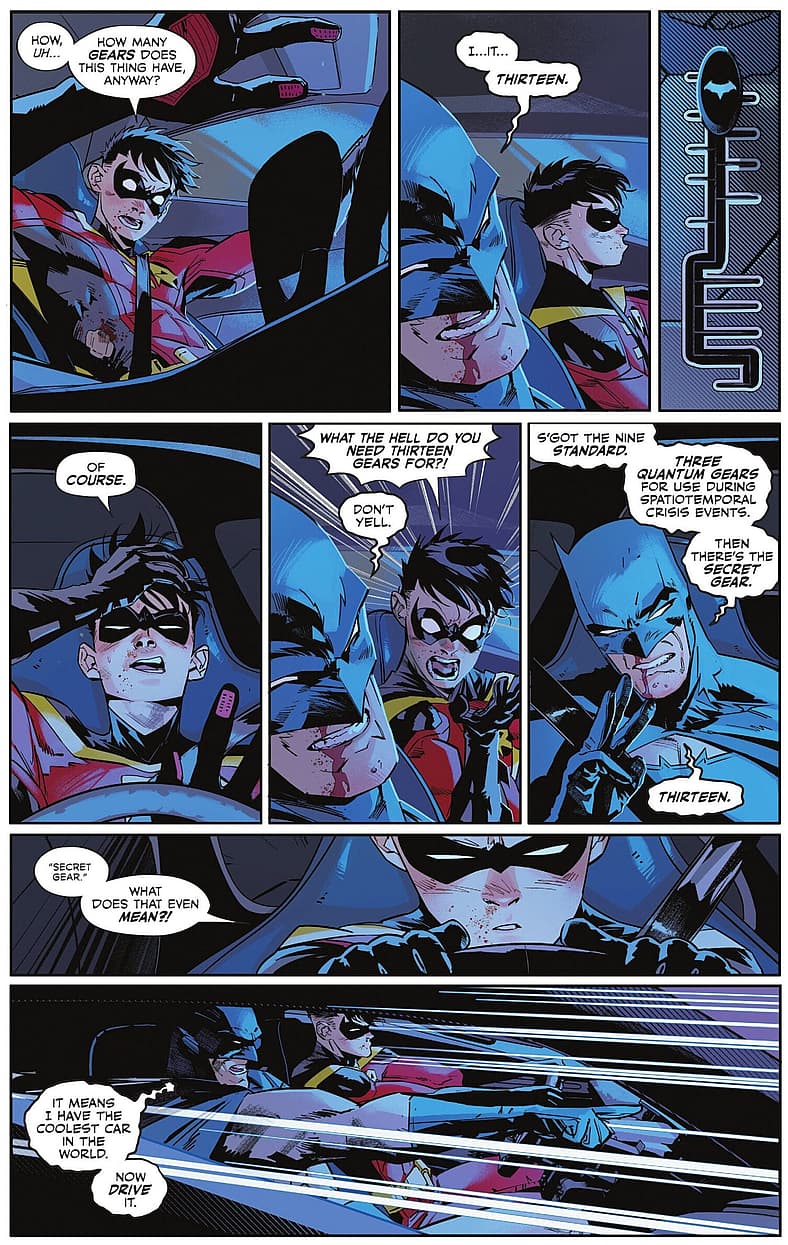 Robin gets behind the wheel of the Batmobile for the first time in Batman Vol. 3 #2 "Robin Rides the Black Mariah" (2025), DC. Words by Matt Fraction, art by     Jorge Jiménez, Tomeu Morey, and Clayton Cowles.