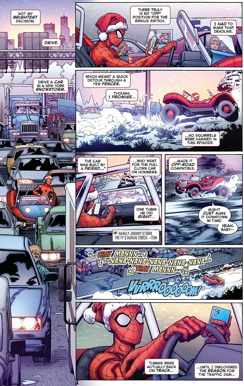 Spider-Man attempts to avoid rush hour traffic in the Marvel 85th Anniversary Special Vol. 1 #1 (2024), Marvel Comics. Words by Christopher Priest, art by Carlo Pagulayan, Jason Paz, Morry Hollowell, and Joe Caramagna.