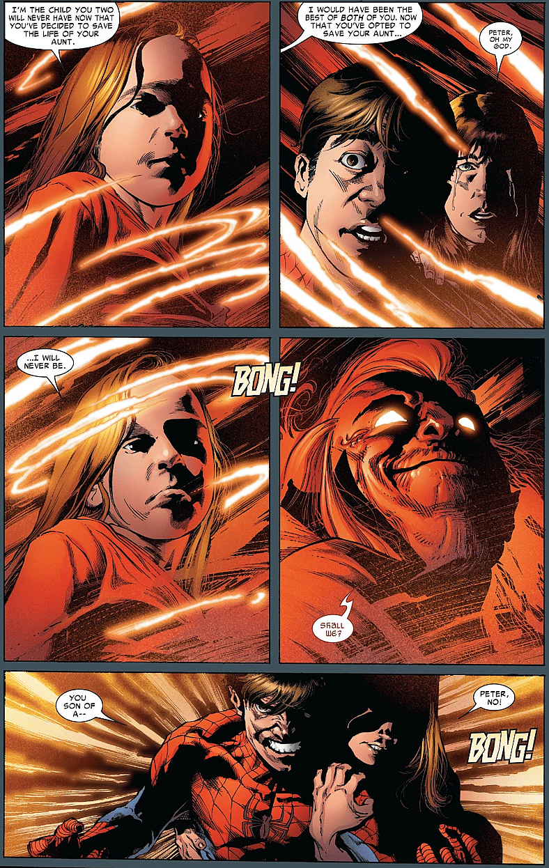 Mephisto seals the deal in The Amazing Spider-Man Vol. 1 #545 "One More Day Part Four" (2007), Marvel Comics. Words by Joe Quesada and J. Michael Straczynski, art by Joe Quesada, Danny Miki, Richard Isanove, and Dean White.