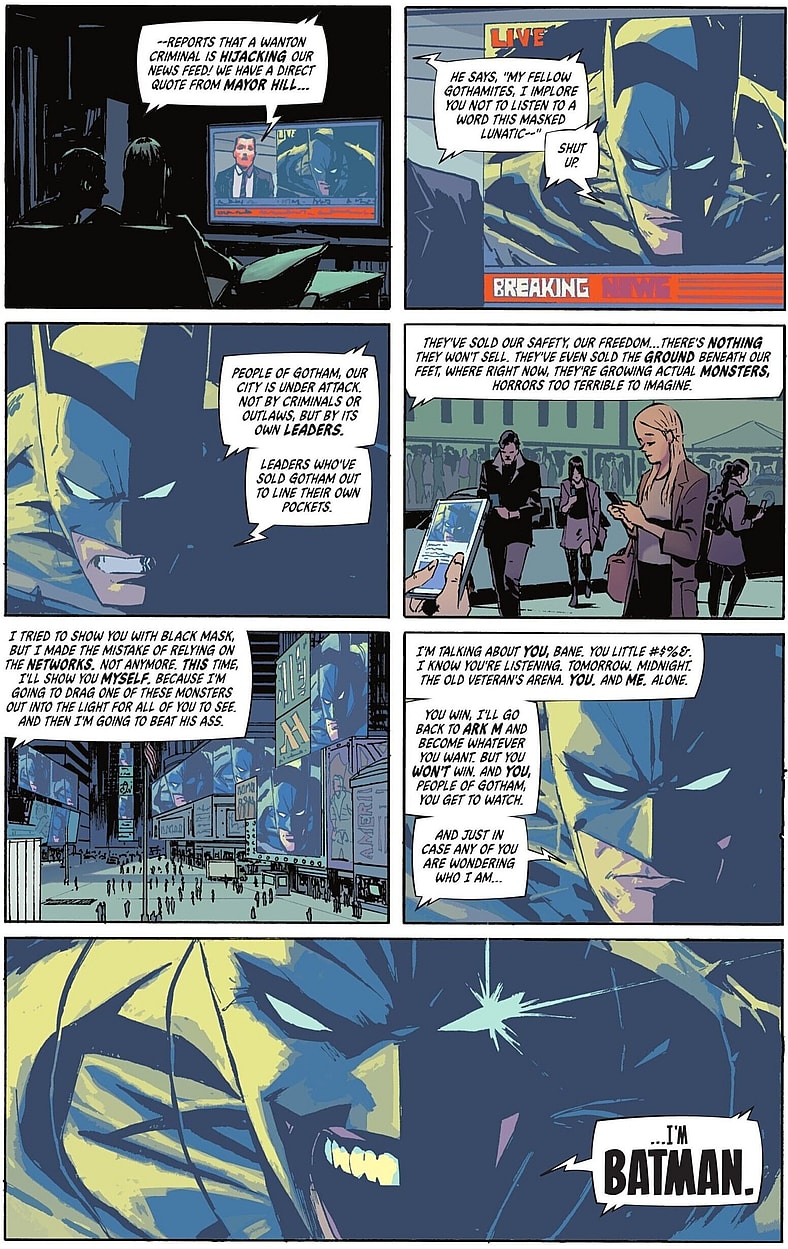 Batman issues a direct challenge to Bane in Absolute Batman Vol. 1 #13 "Abomination, Part Five" (2025), DC. Words by Scott Snyder, art by Nick Dragotta, Frank Martin, and Clayton Cowles.