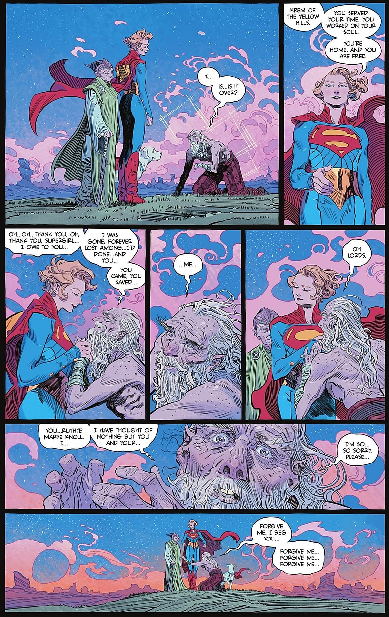 Supergirl releases Krem of the Yellow Hills from 300-years of Phantom Zone captivity in Supergirl: Woman of Tomorrow Vol. 1 #8 "Chapter Eight: Ruthye, Supergirl, and Krem of the Yellow Hills" (2021), DC. Words by Tom King, art by Bilquis Evely, Mat Lopes, and Clayton Cowles.