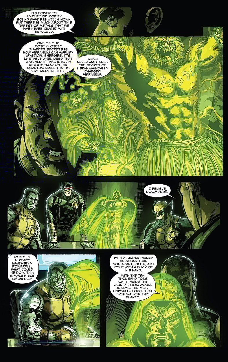T'Challa explains to Colossus how dangerous Doctor Doom could become were he get hold of Vibranium in Doomwar Vol. 1 Issue #1 "Domwar (Part 1)" (2010), Marvel Comics. Words by Jonathan Maberry. Art by Scot Eaton, Andy Lanning, and Jean-François Beaulieu.