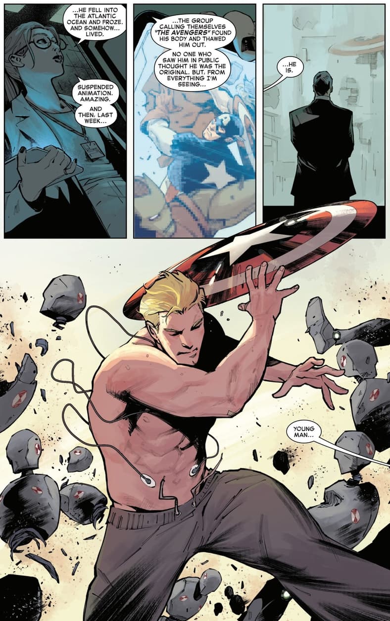 Steve Rogers proves that the ice hasn't slowed him down one bit in Captain America Vol. 12 #1 "Our Secret Wars, Part One" (2025), Marvel Comics. Words by Chip Zdarsky, art by Valerio Schiti, Frank Martin, and Joe Caramagna.