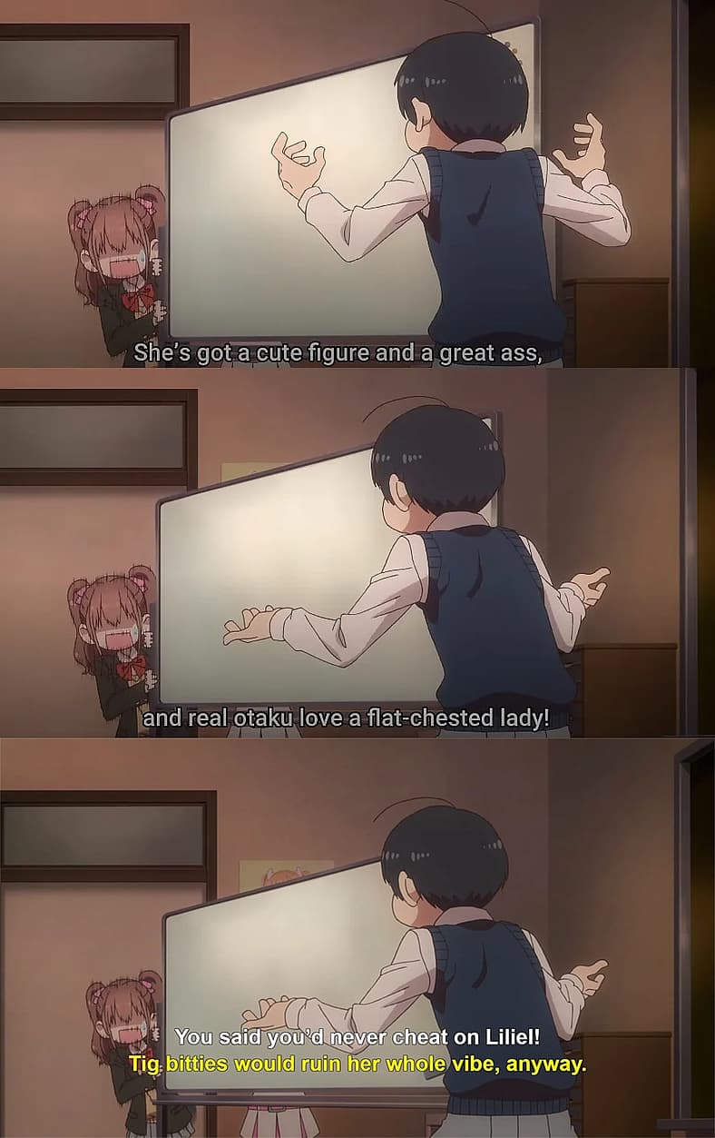 Masamune Okumura explains to Mikari Tachibana his love for Milliela in 2.5 Dimensional Seduction