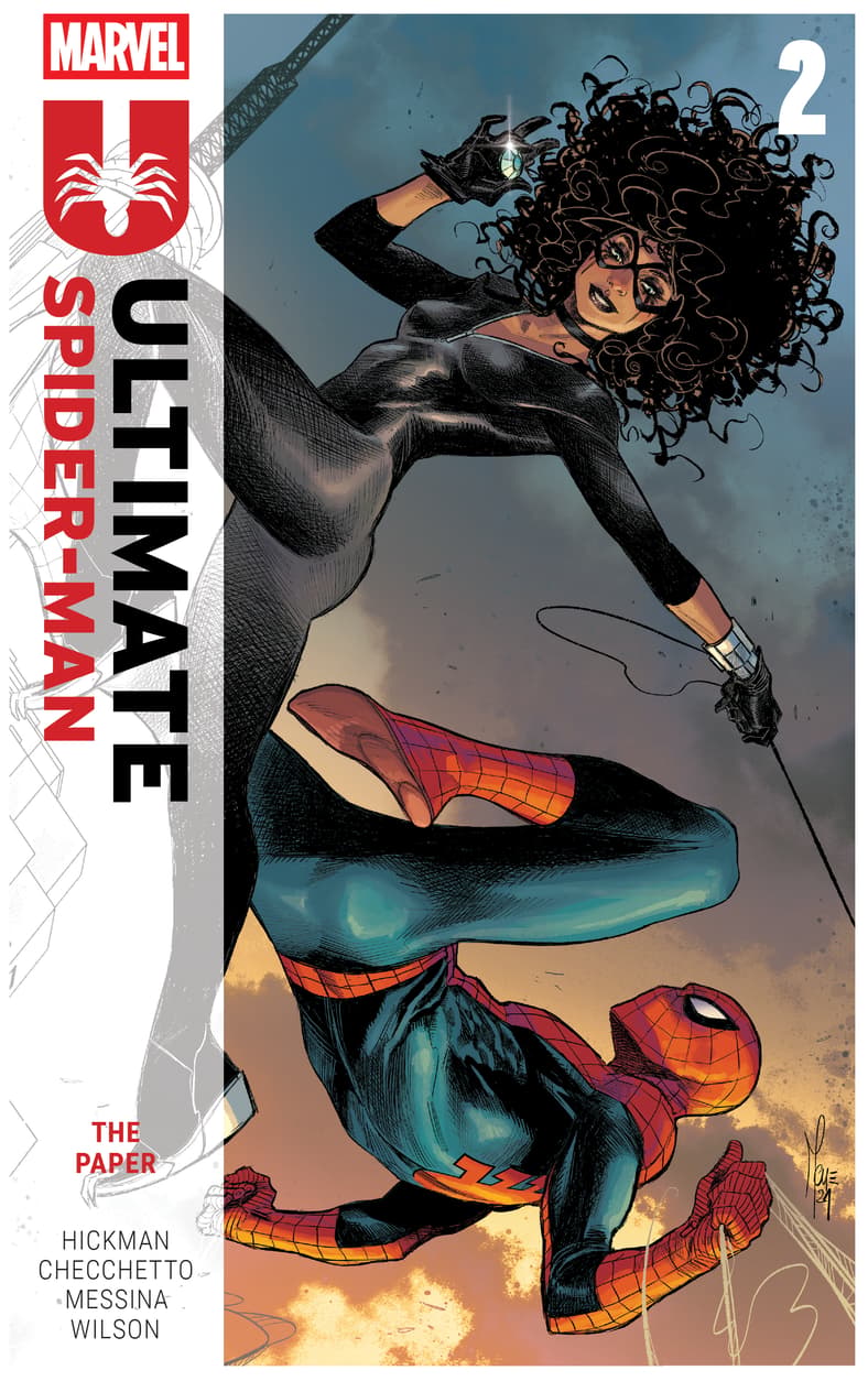 Black Cat stays one-step ahead of Spider-Man on  Marco Checchetto and Matthew Wilson's cover to Ultimate Spider-Man TPB Vol. 2 "The Paper" (2025), Marvel Comics