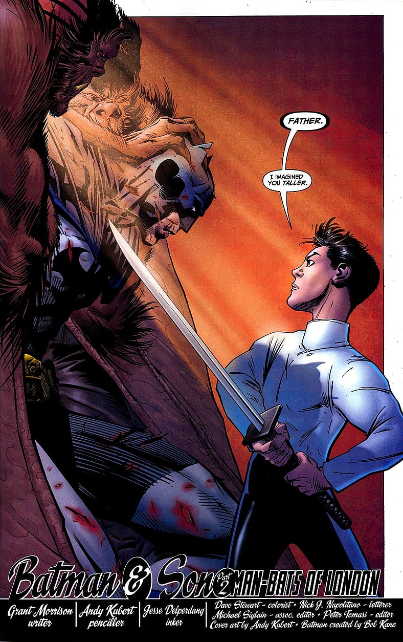 Damian meets Bruce Wayne face-to-face for the frist time in Batman Vol. 1 #656 "Batman & Son, Part 2: Man-Bats of London" (2006), DC. Words by Grant Morrison, art by Andy Kubert, Jesse Delperdang, Dave Stewart, and Nick J. Napolitano.