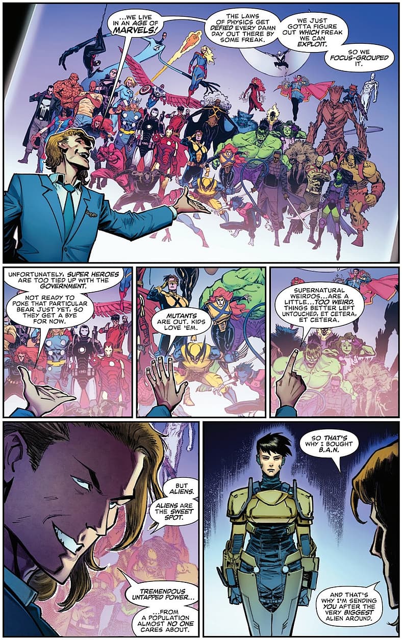 B.A.N. Director Dennis Harmon informs Majkor Koh of her mission in Death of the Silver Surfer Vol