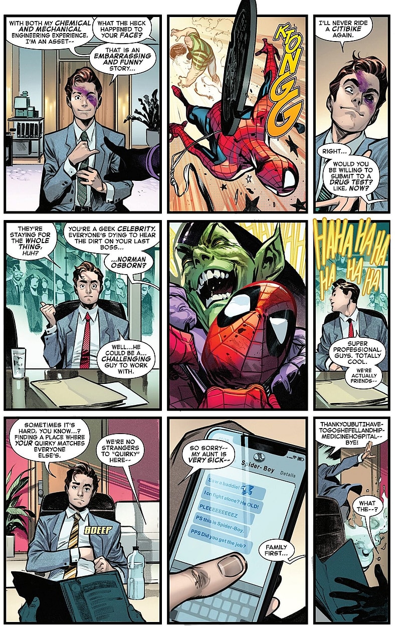 Peter's job hunt begins to stall out in Amazing Spider-Man Vol. 7 #1 (2025), Marvel Comics. Words by Joe Kelly, art by Pepe Larraz and Marte Garcia.