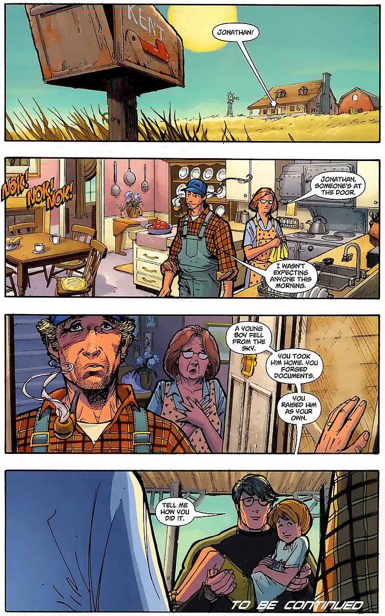 Clark Kent goes to Ma and Pa Kent to ask them for help adopting Lor-Zod in Action Comics Vol. 1 #844 "Last Son, Part I" (2006), DC. Words by Geoff Johns and Richard Donner, art by Adam Kubert , Dave Stewart, and Rob Leigh.