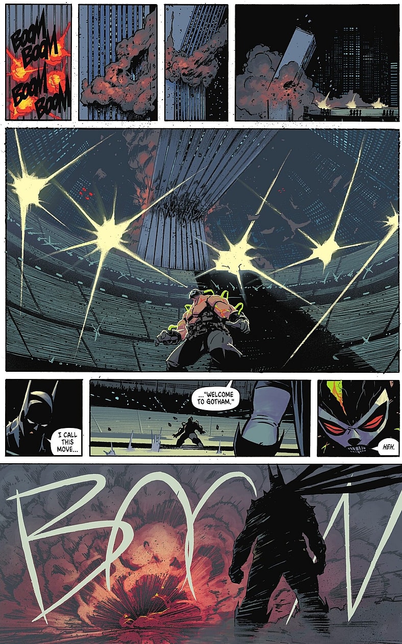 Bruce Wayne makes his opening move against Bane in Absolute Batman Vol. 1 #15 "Abomination, Conclusion" (2025), DC. Words by Scott Snyder, art by Nick Dragotta, Frank Martin, and Clayton Cowles.