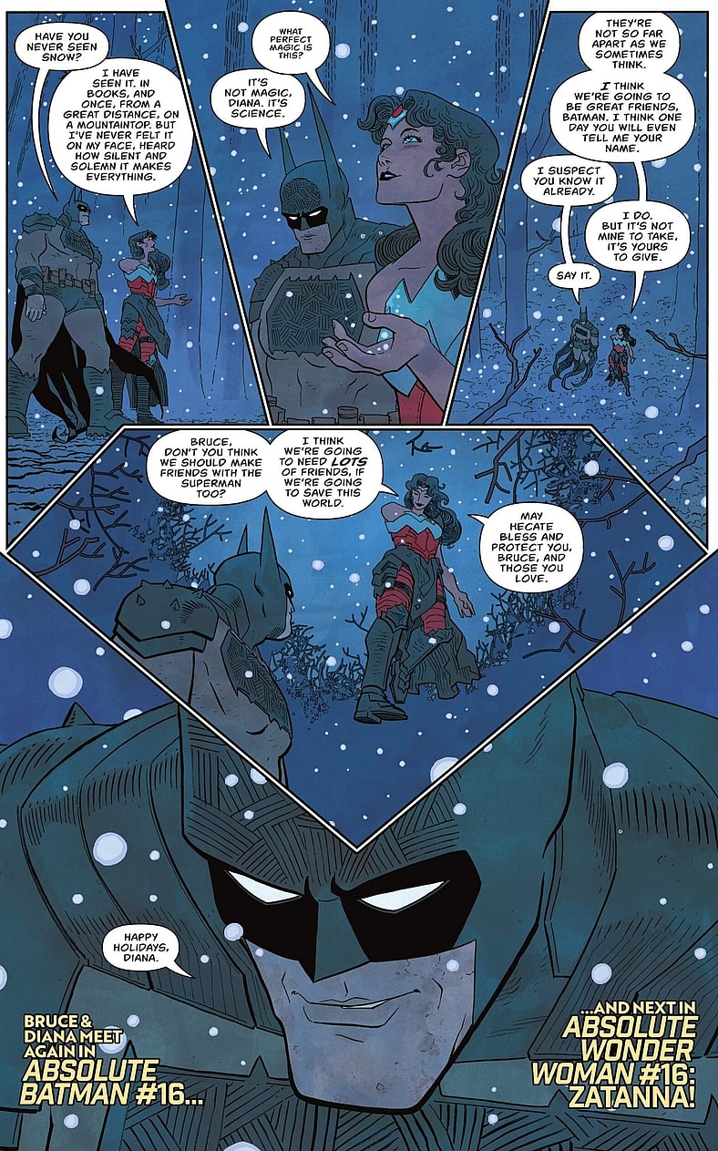 Diana and Batman part ways after the first ever Absolute team-up in Absolute Wonder Woman Vol. 1 #15 "The Mark of Hecate" (2025), DC. Words by Kelly Thompson, art by Hayden Sherman.