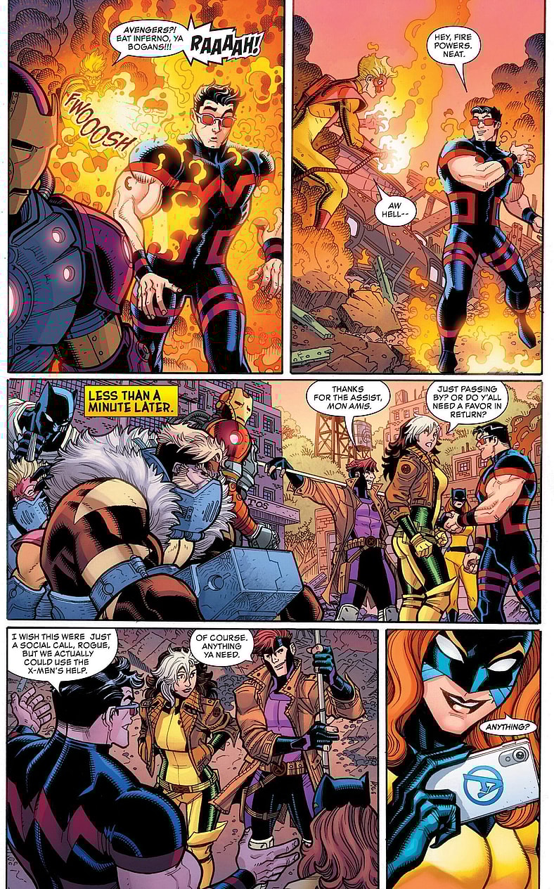 The Avengers call in a favor from the X-Men in Marvel Swimsuit Special: Friends, Foes, & Rivals Vol. 1 #1 (2025), Marvel Comics. Words by Tim Seeley and Tony Fleecs, art by Nick Bradshaw, Rachelle Rosenberg, and Travis Lanham.