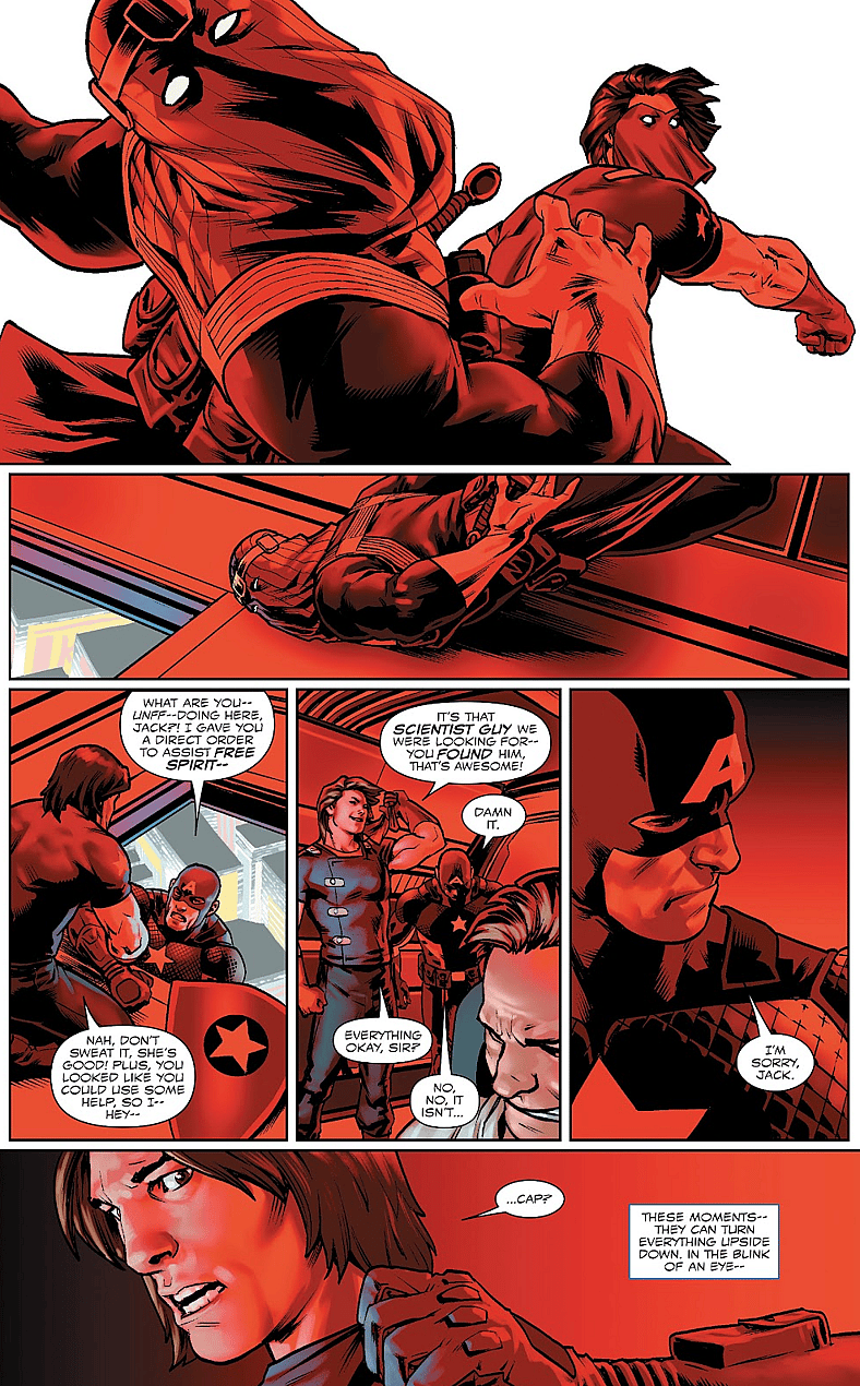 Steve Rogers curses Jack Flag's arrival in Captain America: Steve Rogers Vol. 1 #1 (2016), Marvel Comics. Words by Nick Spencer, art by Jesús Saíz and Joe Caramagna.