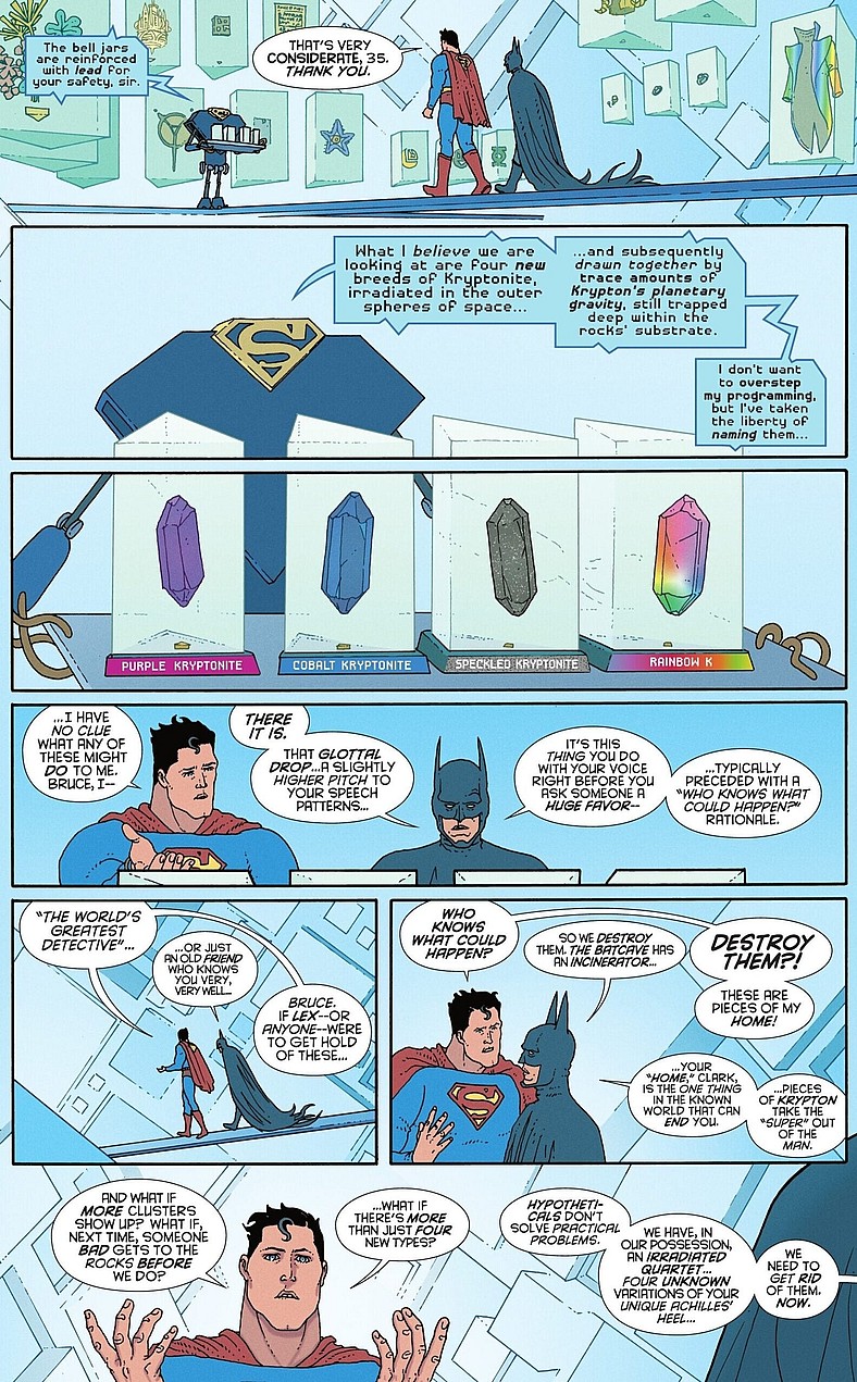 The World's Finest review the newest variants of Kryptonite in Superman: The Kryptonite Spectrum Vol. 1 #4 (2025), DC. Words by W. Maxwell Prince, art by Martín Morazzo, Chris O'Halloran, and Good Old Neon.